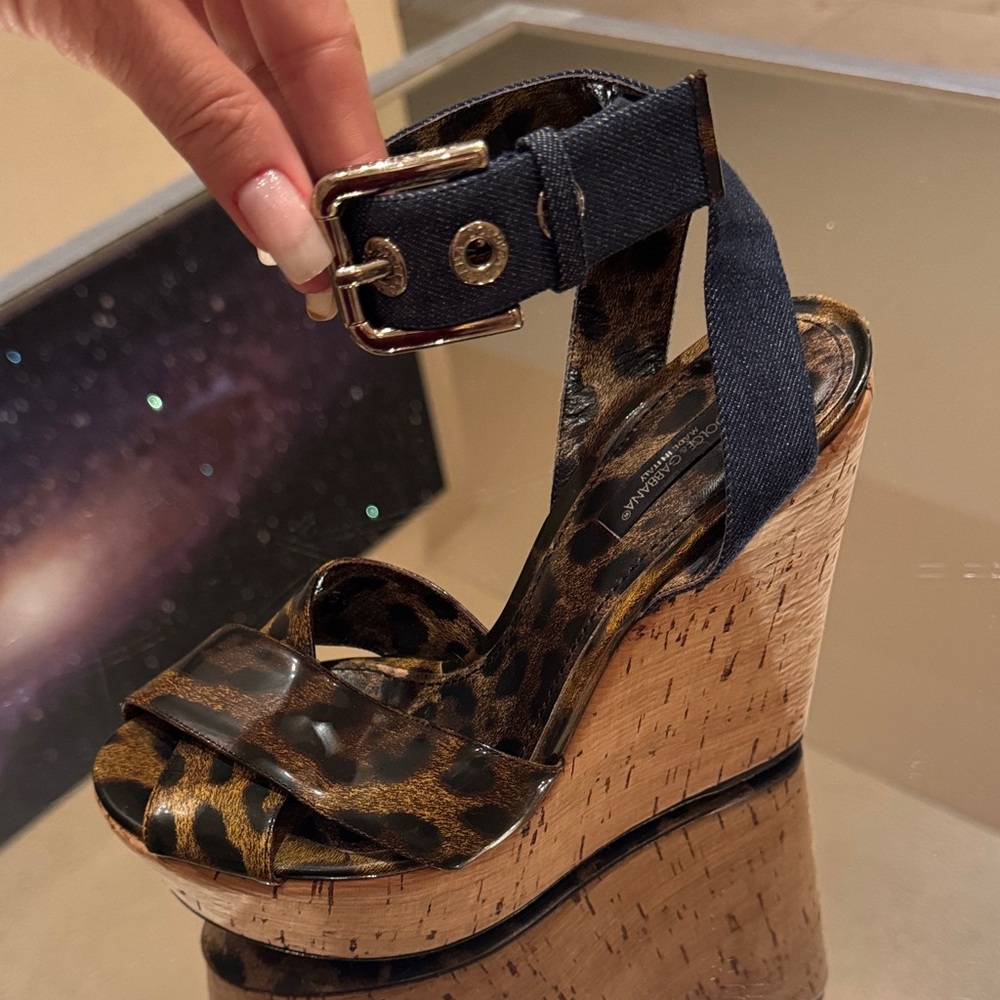 Dolce & Gabbana Vintage Y2K Denim Cork Leopard Wedges